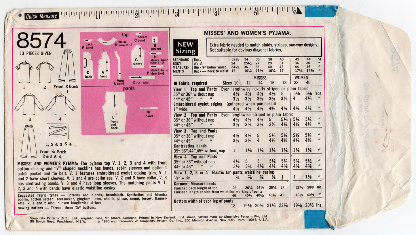 Simplicity 8574 Womens Pajamas with Contrast Bands 1970s Vintage Sewing Pattern Size 14 Bust 36 inches