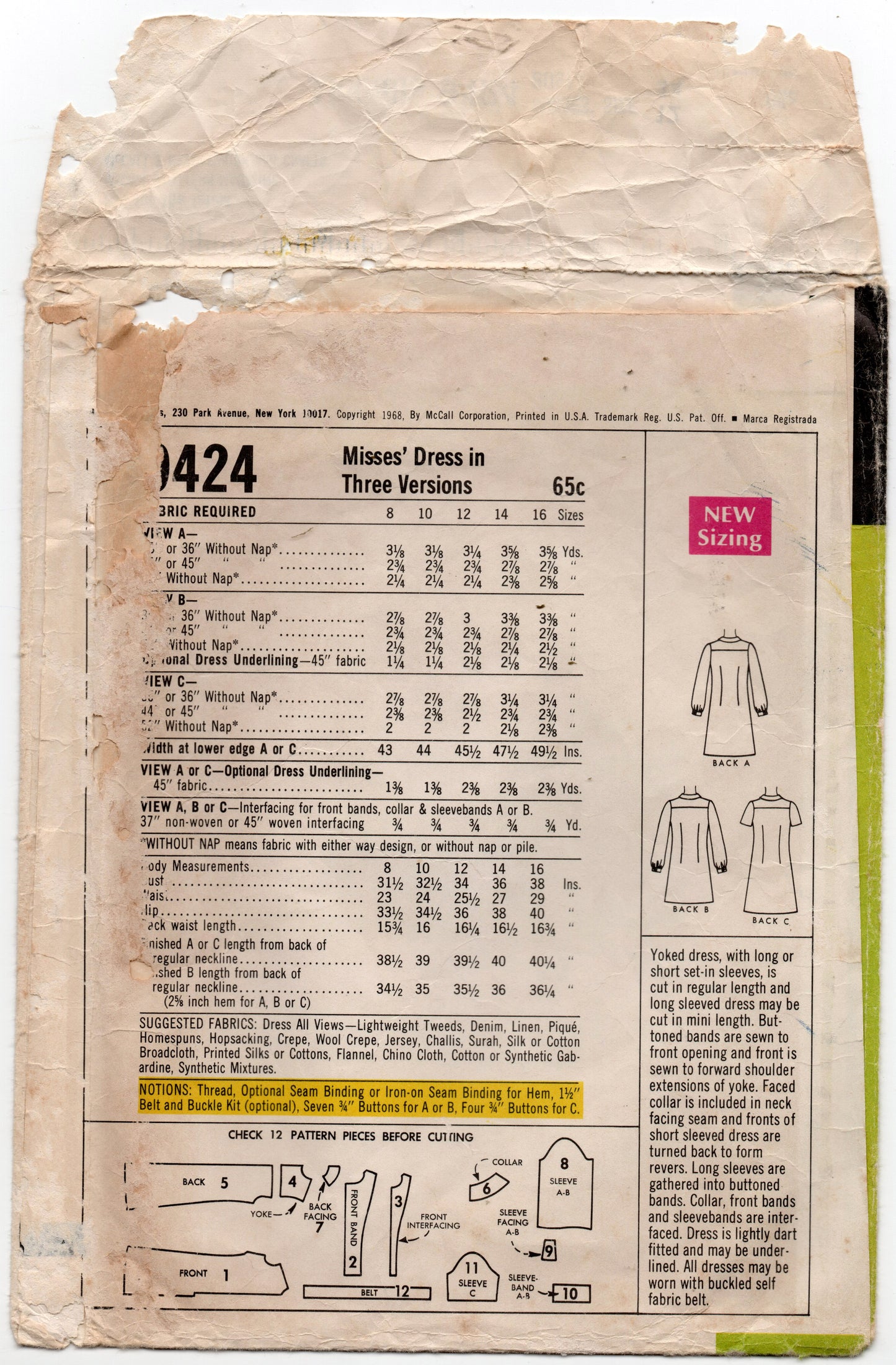 McCall's 9424 Womens Shirtdress in 3 Versions 1960s Vintage Sewing Pattern Size 12 Bust 34 inches