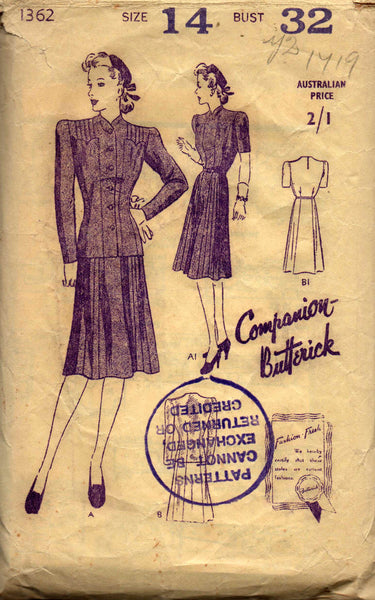 Butterick 1362 Womens Scalloped Trim Dress & Jacket 1940s Vintage Sewing Pattern Size 14 Bust 32 inches