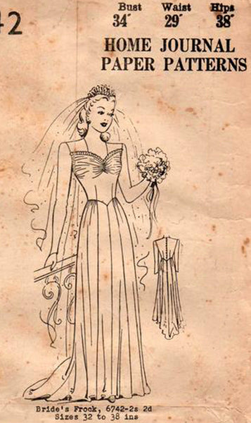 Australian Home Journal 6742 Womens Wedding Dress Bridal / Bridesmaids Gown 1940s Vintage Sewing Pattern Bust 34 inches