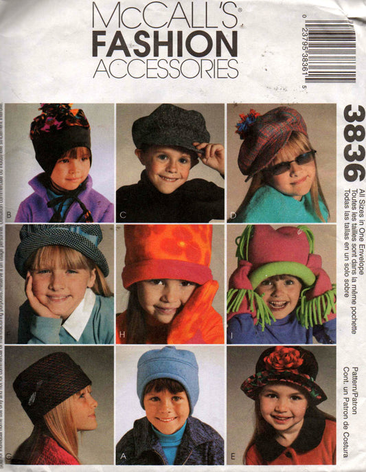 Patrón de costura agotado para gorros, gorras y manoplas para niños McCall's 3836, doblado en fábrica y sin cortar