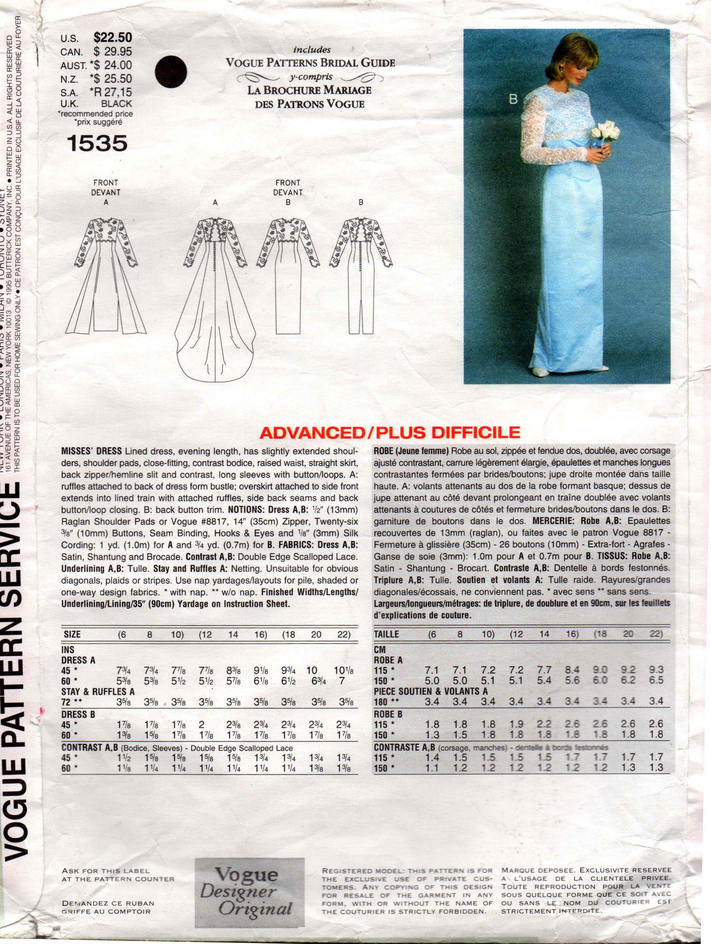 Vogue Bridal Original 1535 BELLVILLE SASSOON Womens Wedding Gown with Cut Out Back 1990s Vintage Sewing Pattern Size 6 - 10 UNCUT Factory Folds