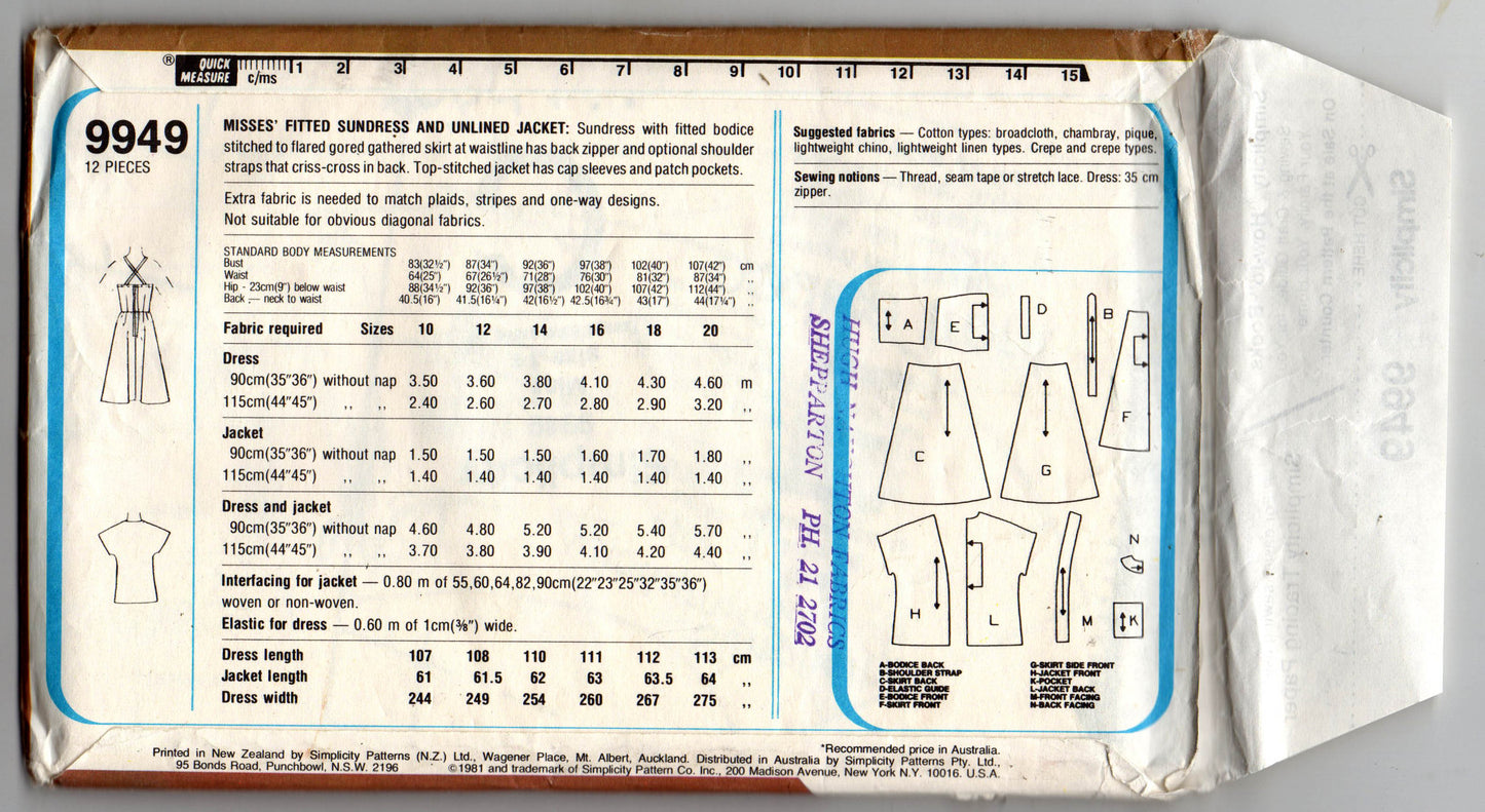 Simplicity 9949 Womens Fitted Sundress & Bolero 1980s Vintage Sewing Pattern Size 14 Bust 36 inches UNCUT Factory Folded