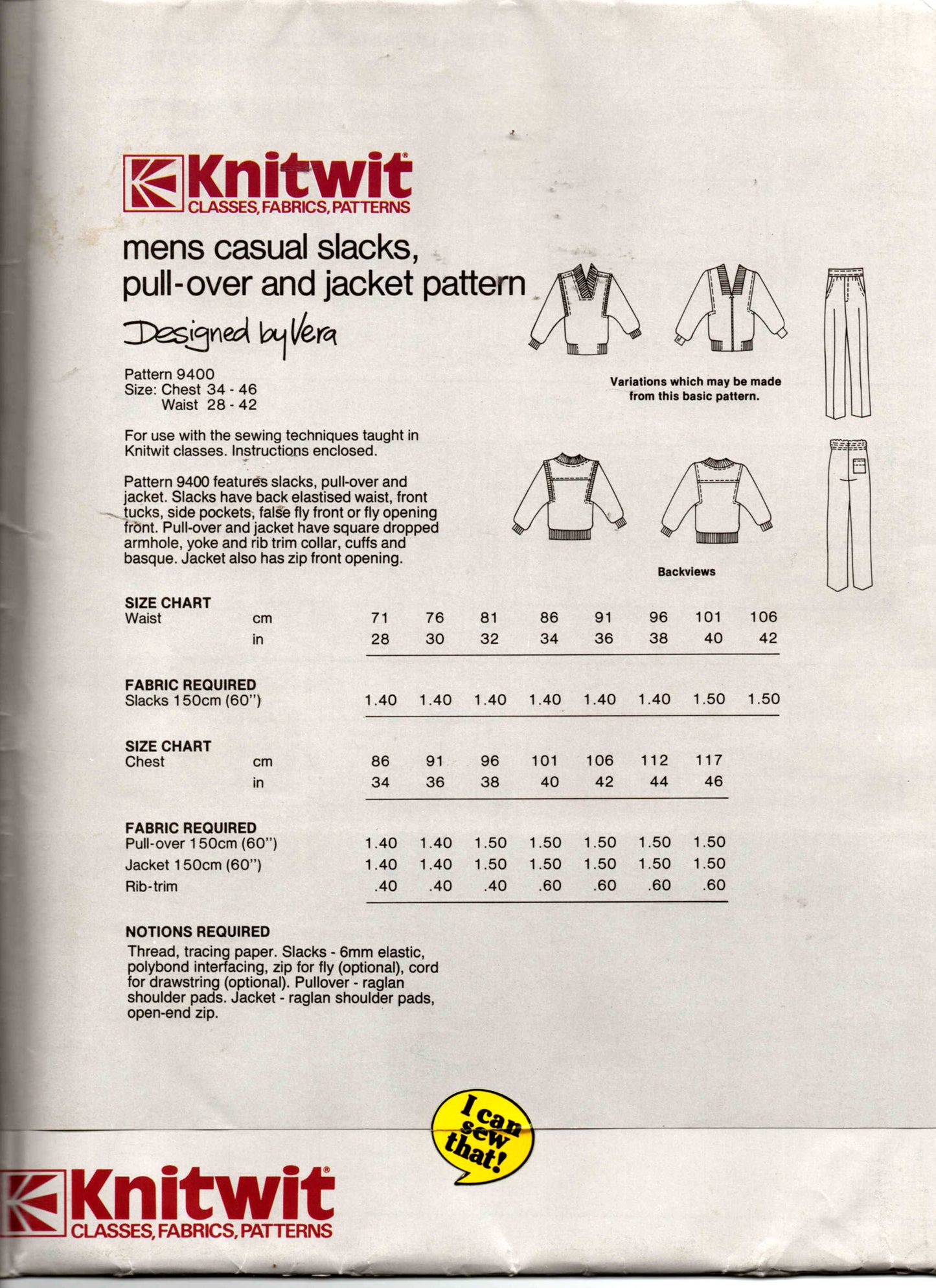 Knitwit 9400 Mens Casual Pants Pullover Top & Zip Front Jacket 1980s Vintage Sewing Pattern Size 34 - 46 UNCUT Factory Folded