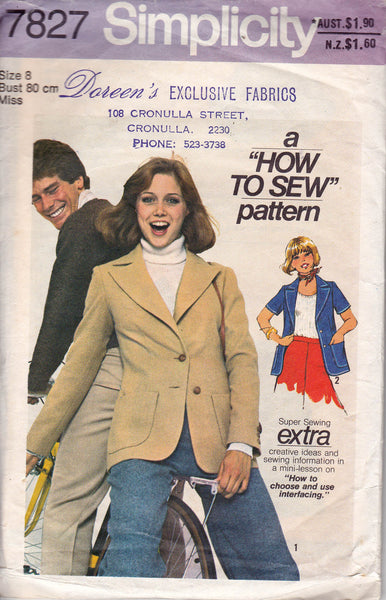 Simplicity 7827 Womens Retro Jacket 1970s Vintage Sewing Pattern Sizes 8