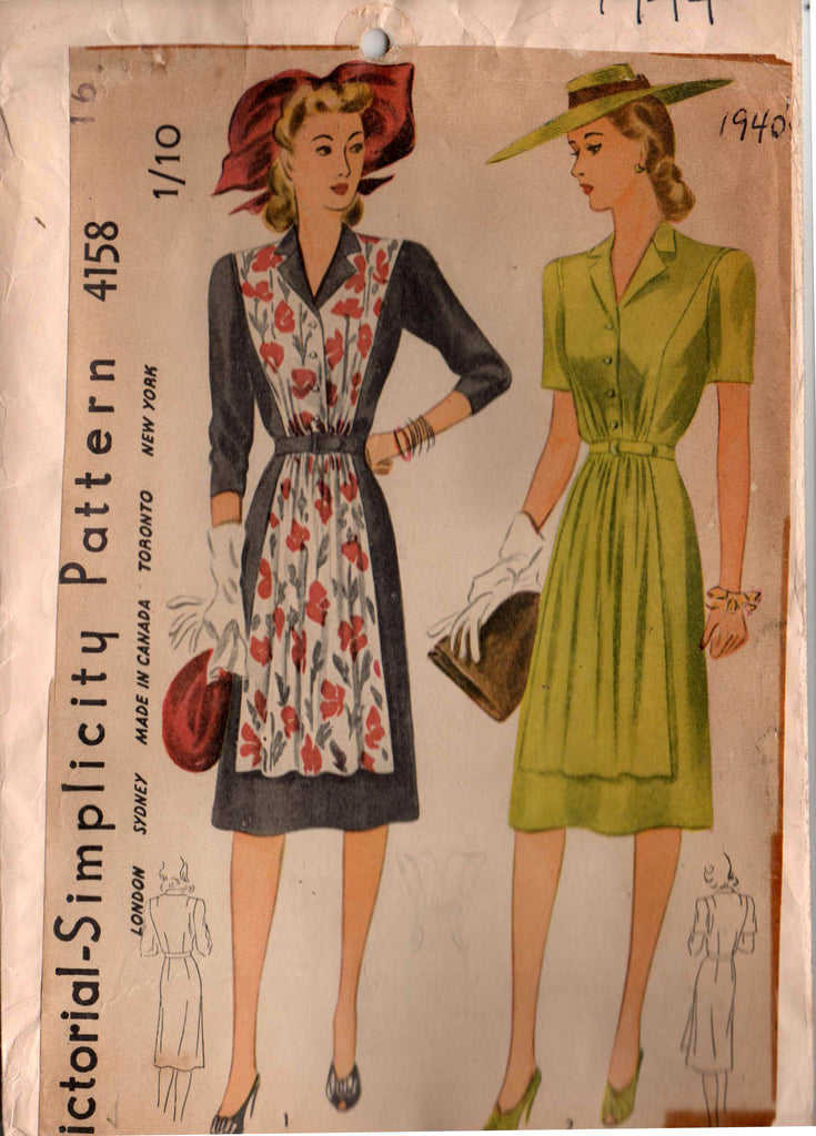 Simplicity 4158 Womens Apron Front Shirtdress 1940s Vintage Sewing Pat