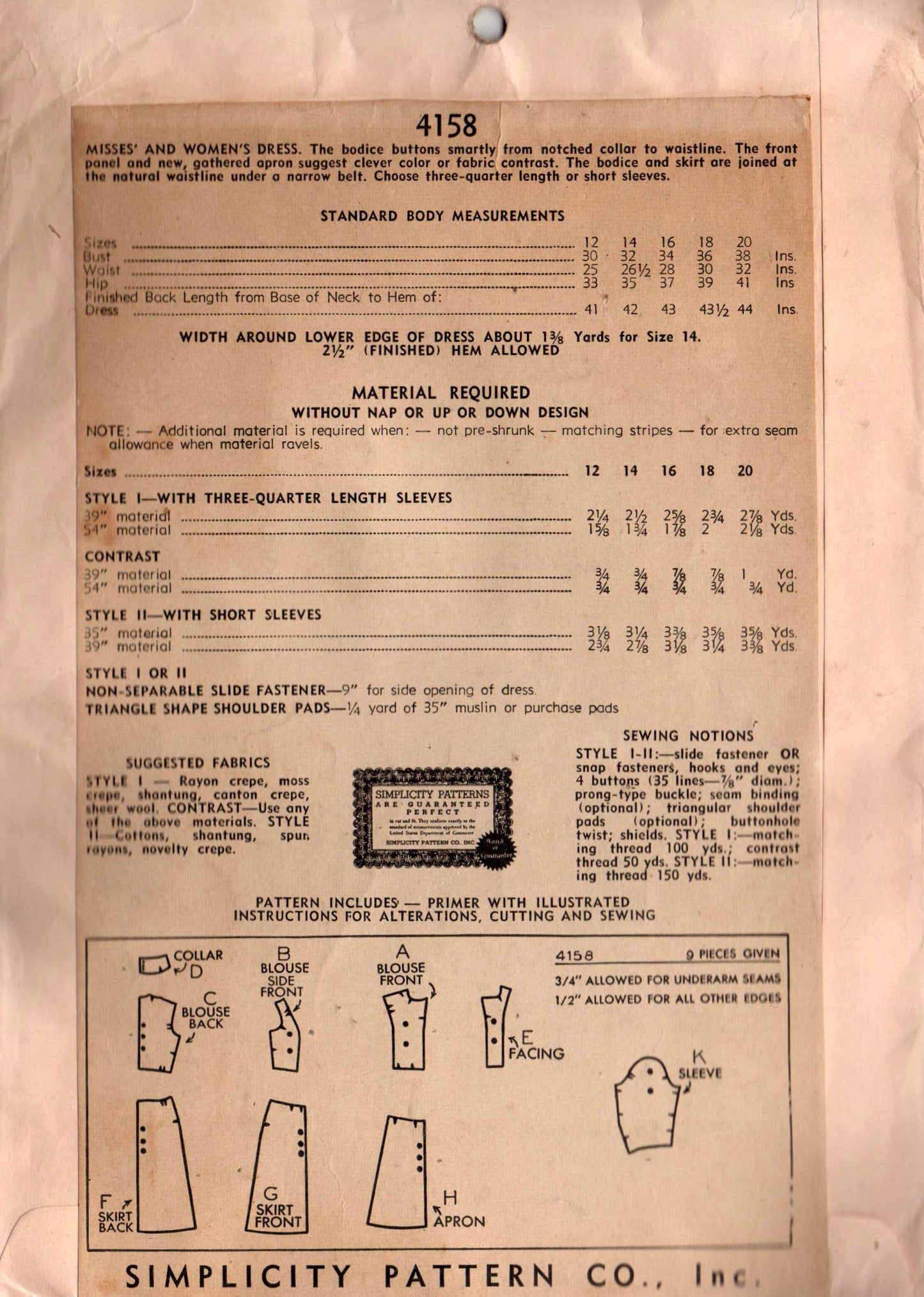 Simplicity 4158 Womens Apron Front Shirtdress 1940s Vintage Sewing Pattern Size 16 Bust 34 inches UNUSED Factory Folded